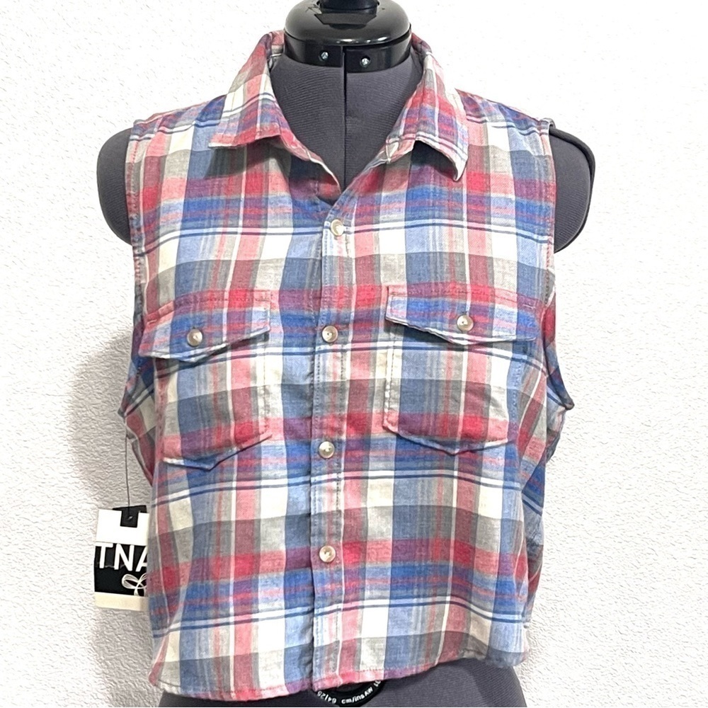 NWT TNA Woman Plaid Sleeveless Larch Button Down Top Blouse Shirt Size M
